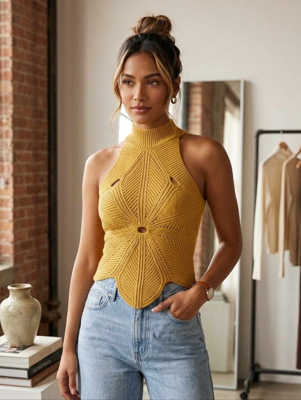 Sleeveless Hollow-Out Knit Halter Top